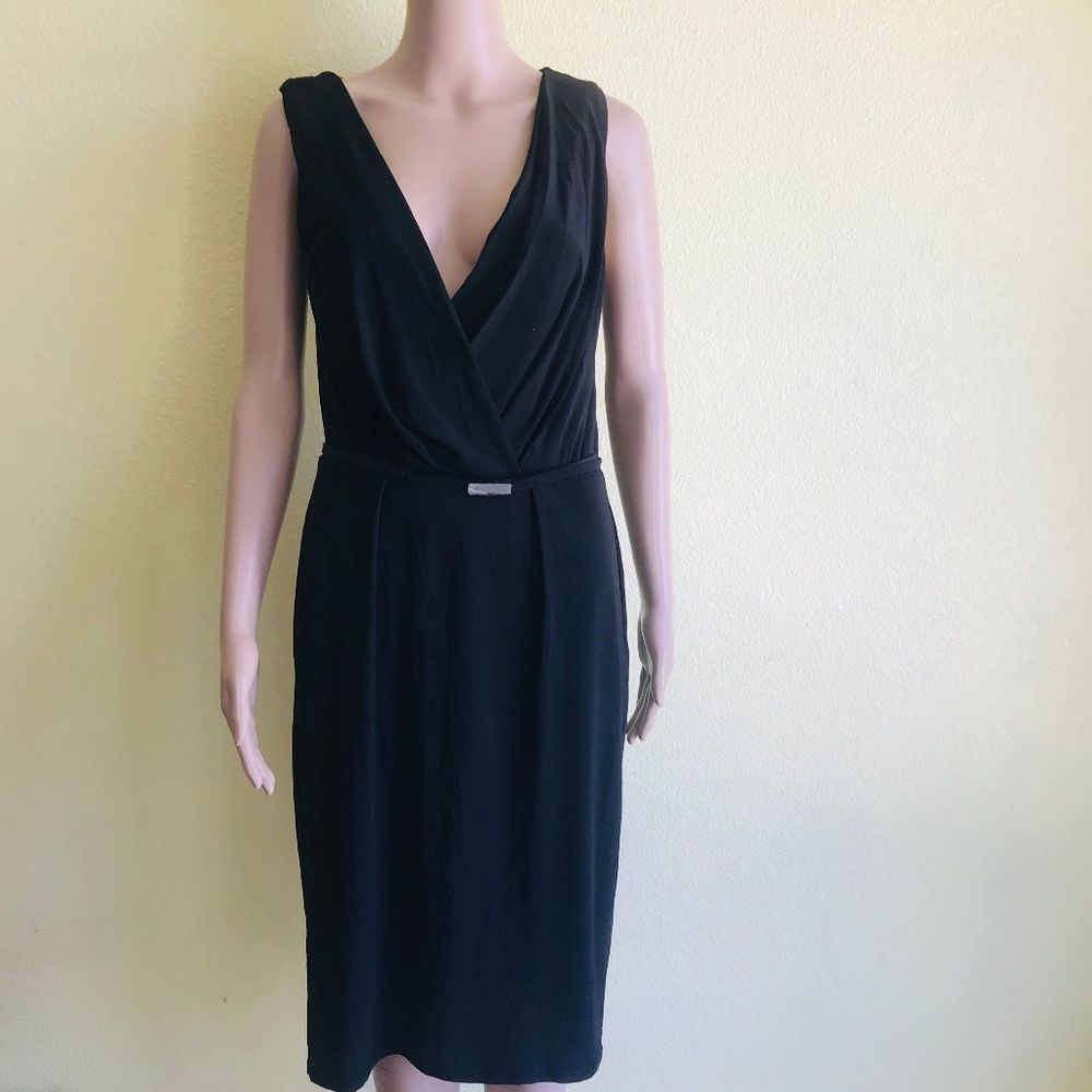 Lauren Ralph Lauren Black Belted V‎ Neck Lazia  Sheath Jersey Dress